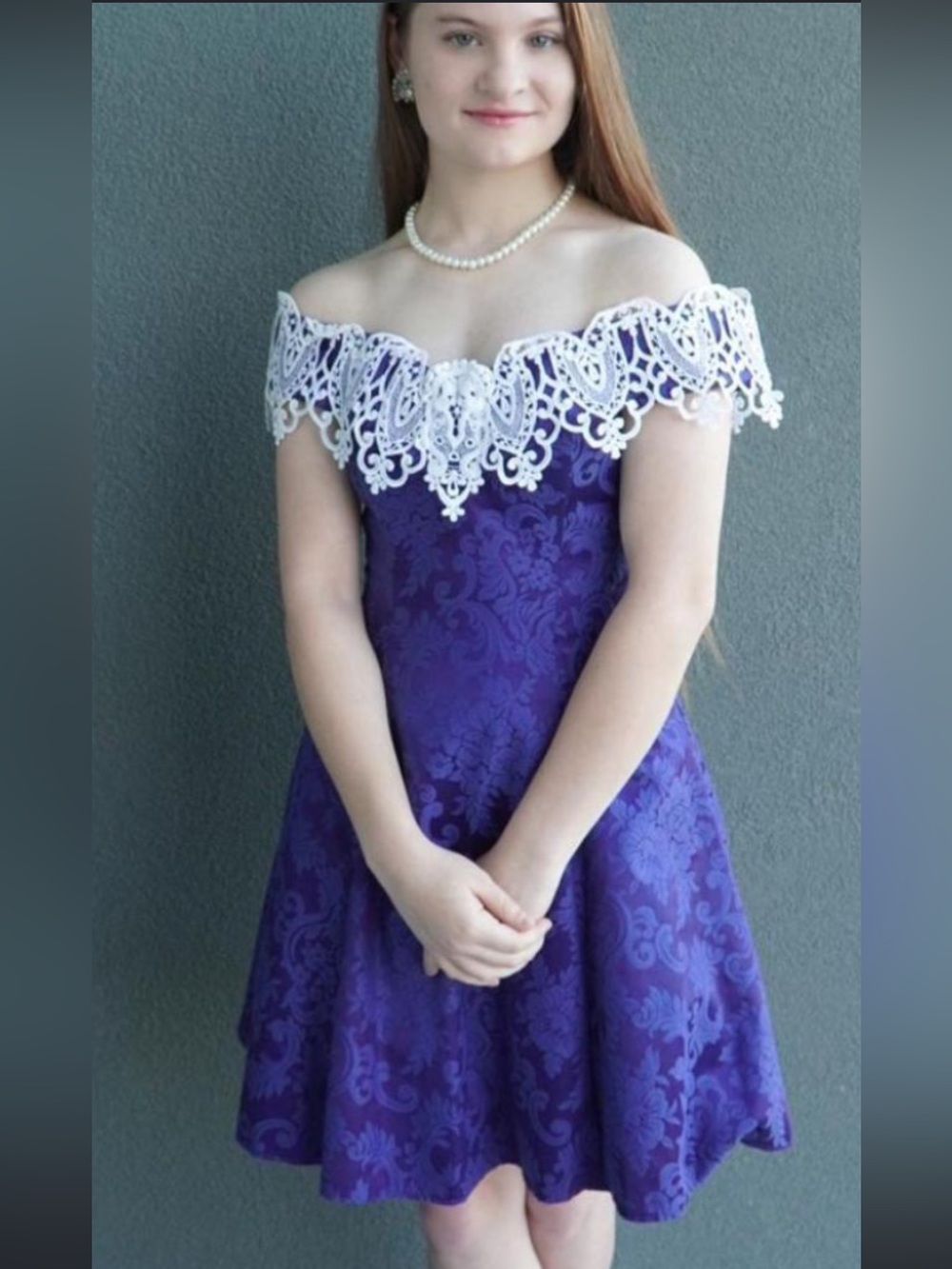 Jessica McClintock Purple Off-Shoulder Dress with White Lace Yoke